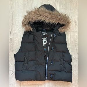 GAP Black Puffer Vest with Faux Fur Hood